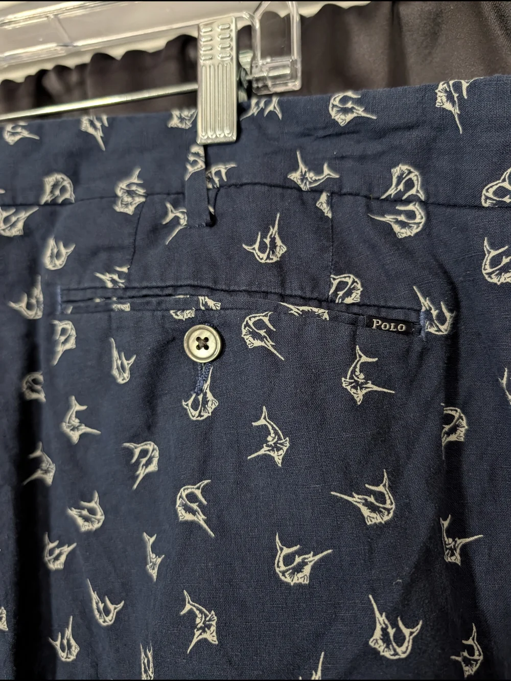 Polo by Ralph Lauren LINEN Navy Blue Fish Patterned Flat Front Shorts 48